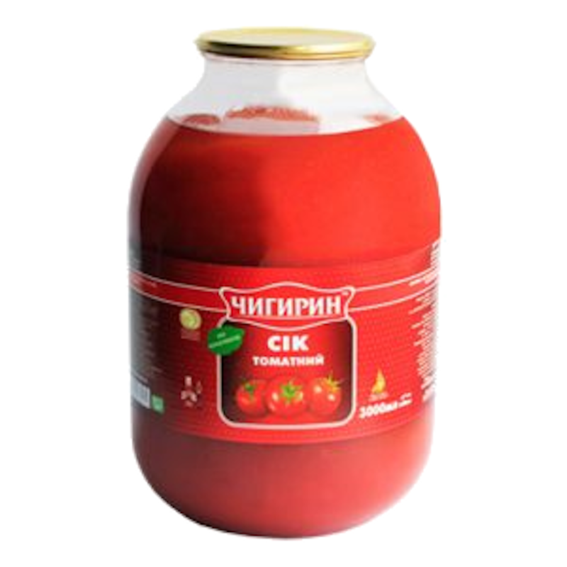 Сік ЧИГИРИН томатний відновлений, стерилізований, з сіллю, банка скляна, 3л